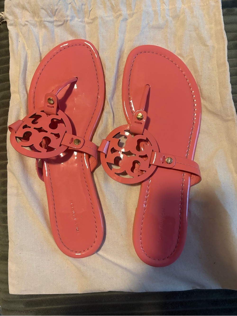 Tory Burch Coral Patent Logo Thong Sandals